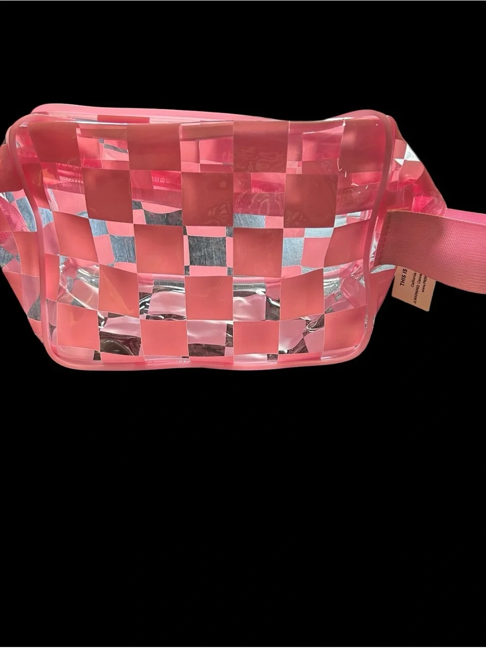 Clear Zippered Pouch Pink Checkered Transparent Cosmetic Case 8X6X4”